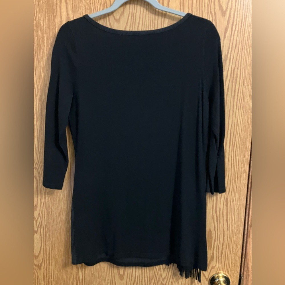 INC International Concepts Black Asymmetrical Fringe 3/4 Sleeve Top Women’s M