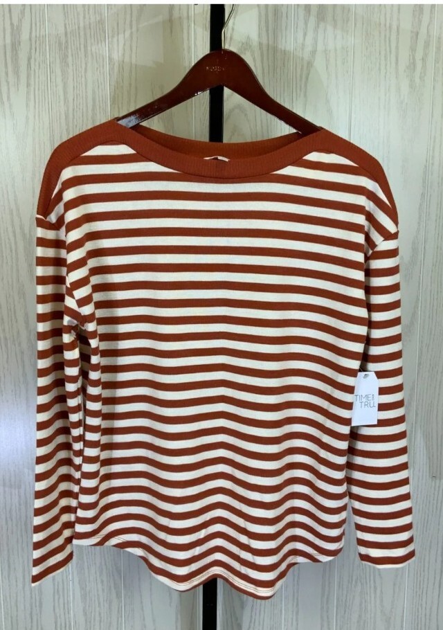 Time & Tru Women’s Long Sleeve Rust-Striped Boat Neck Top ⛵ Multiple Size #NWT