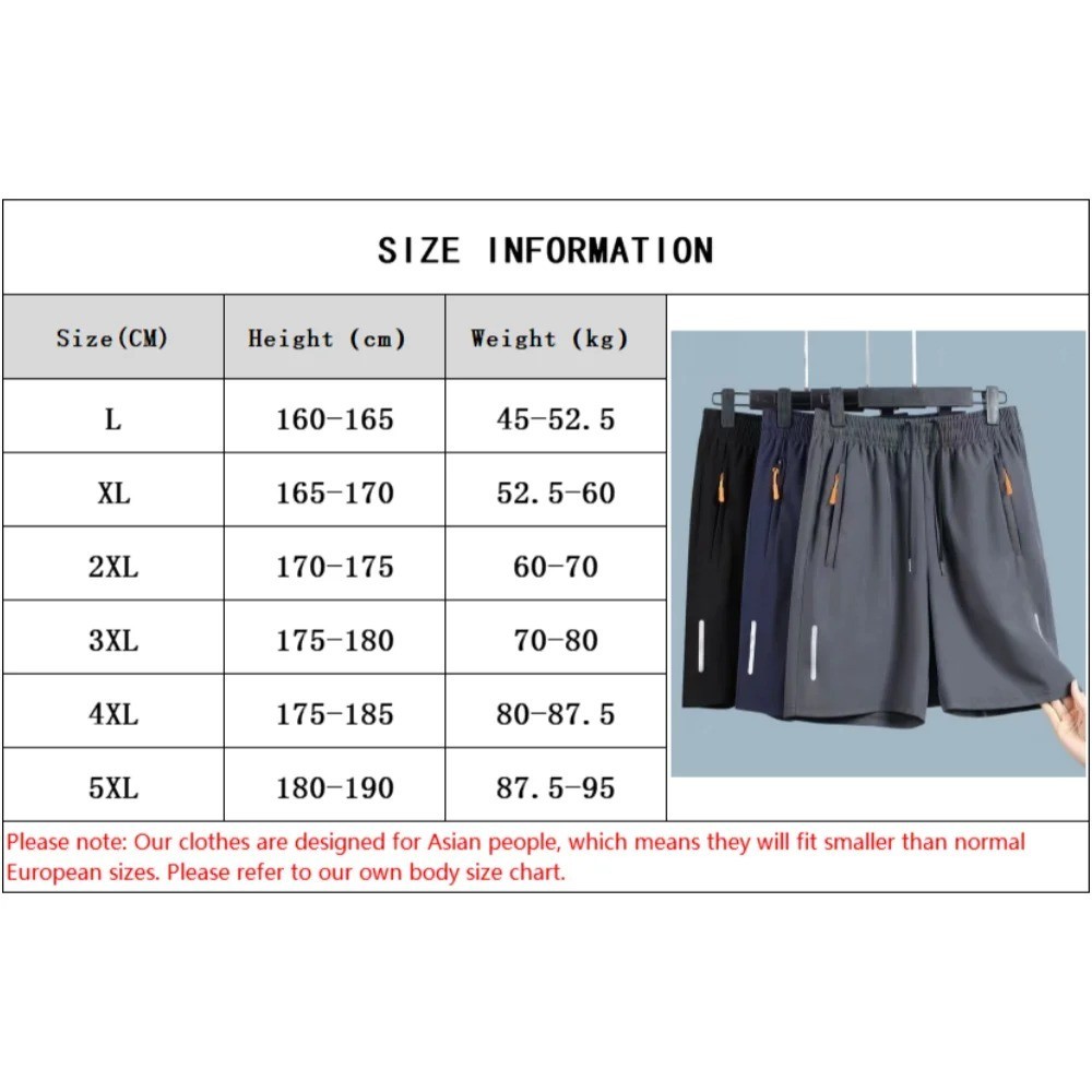 Men’s Ice Silk Summer Shorts Quick Dry Gym Sports Beach Casual Zipper Shorts