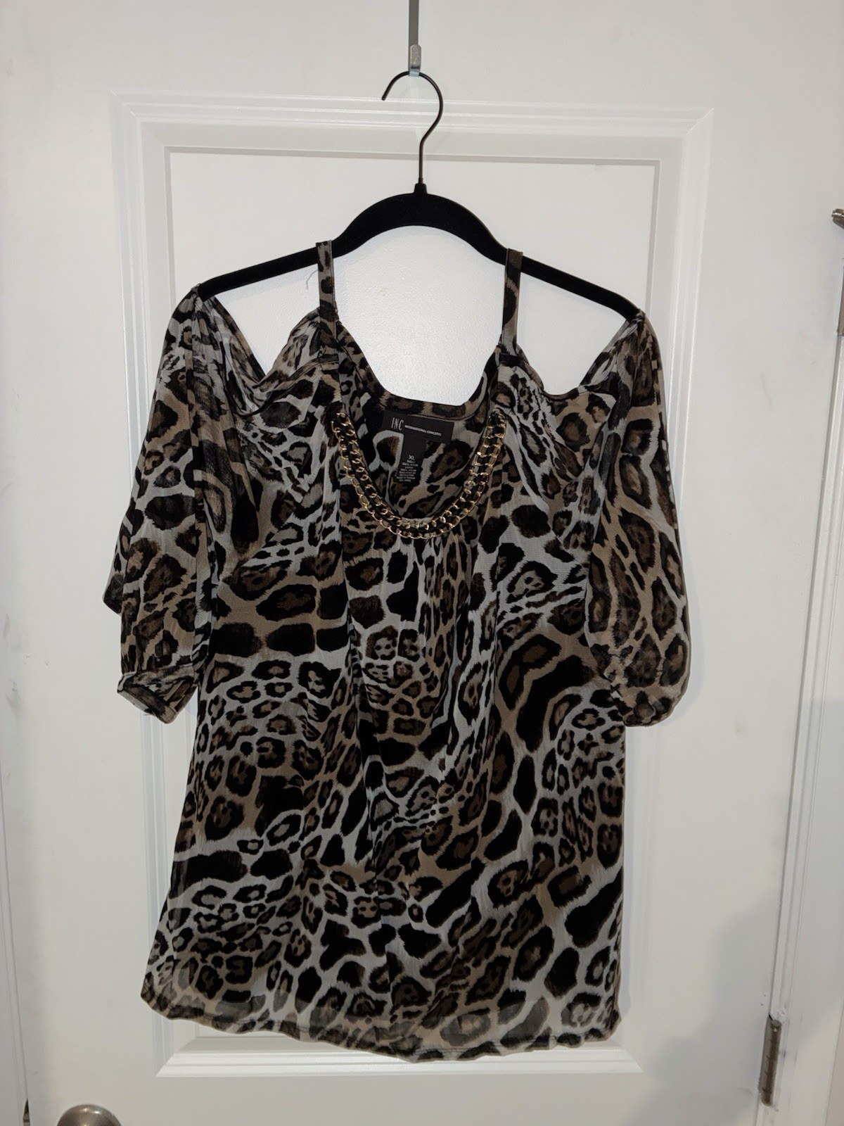 INC International Concepts XL Leopard Print Cold Shoulder Chain Scoop Blouse