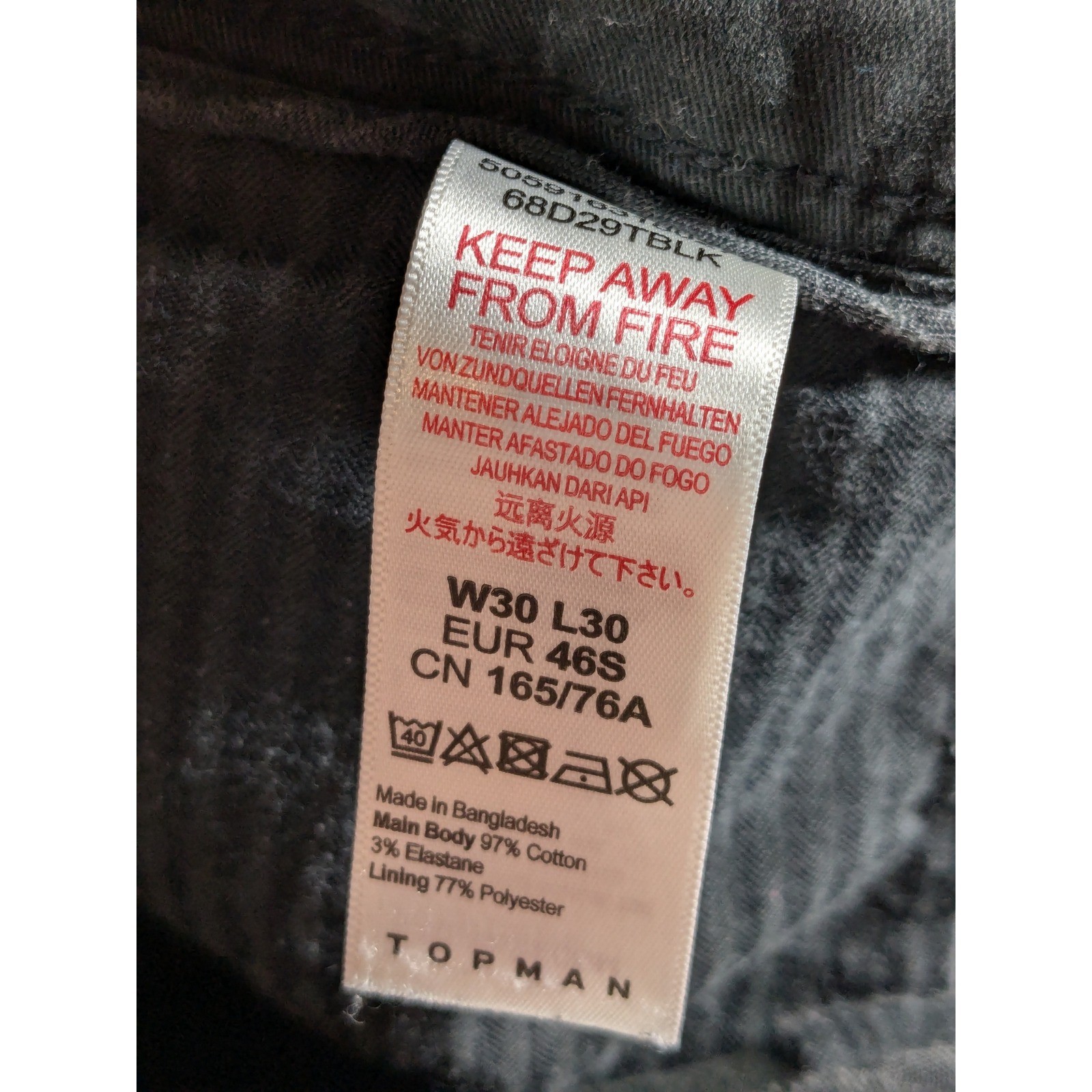 Topman Mens Chino Pants Black W30 L30 Cotton Blend Stretch Casual 68D29TBLK