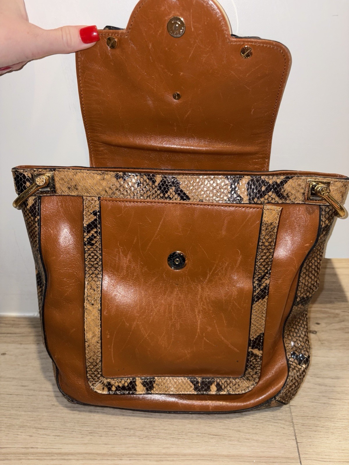 TORY BURCH COGNAC & EXOTIC LEATHER CHAINED STRAP SHOULDER HANDBAG