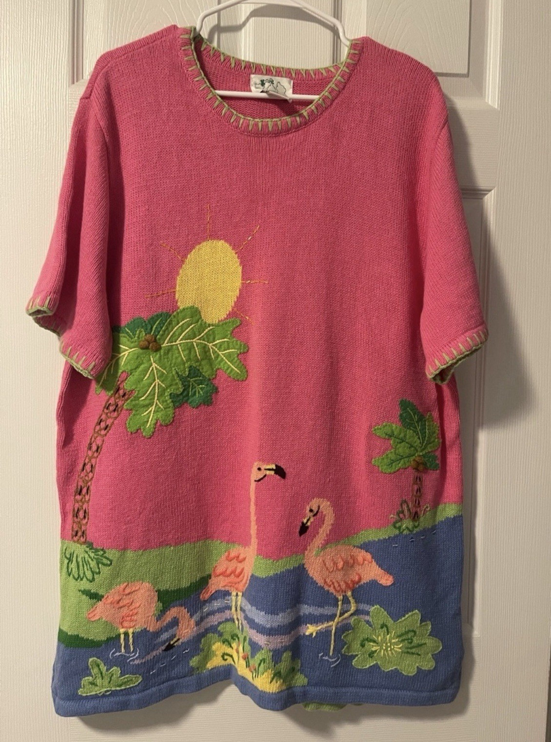 Quacker Factory XL Pink Knit Short Sleeve Sweater Embroidered Flamingo