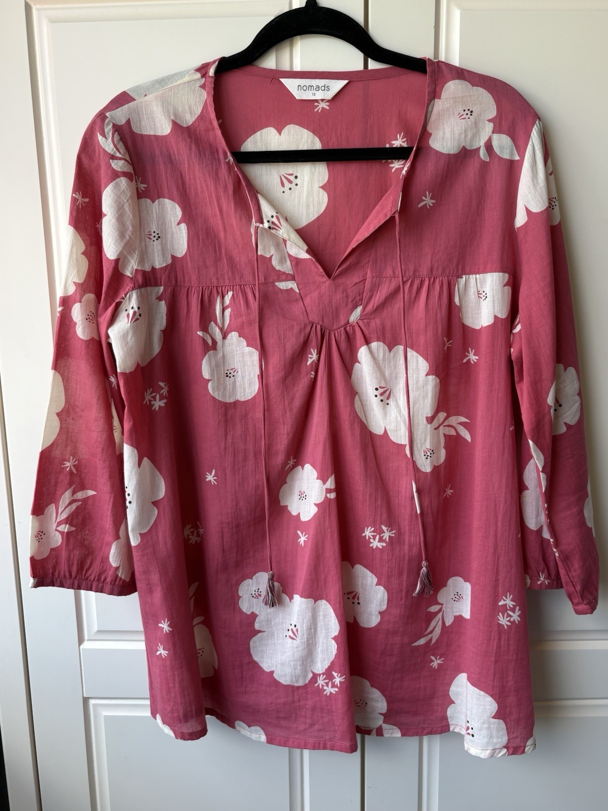 Nomads Top UK 12 Pink Cotton Floral Blouse Boho Tunics 3/4 Sleeve V-Neck