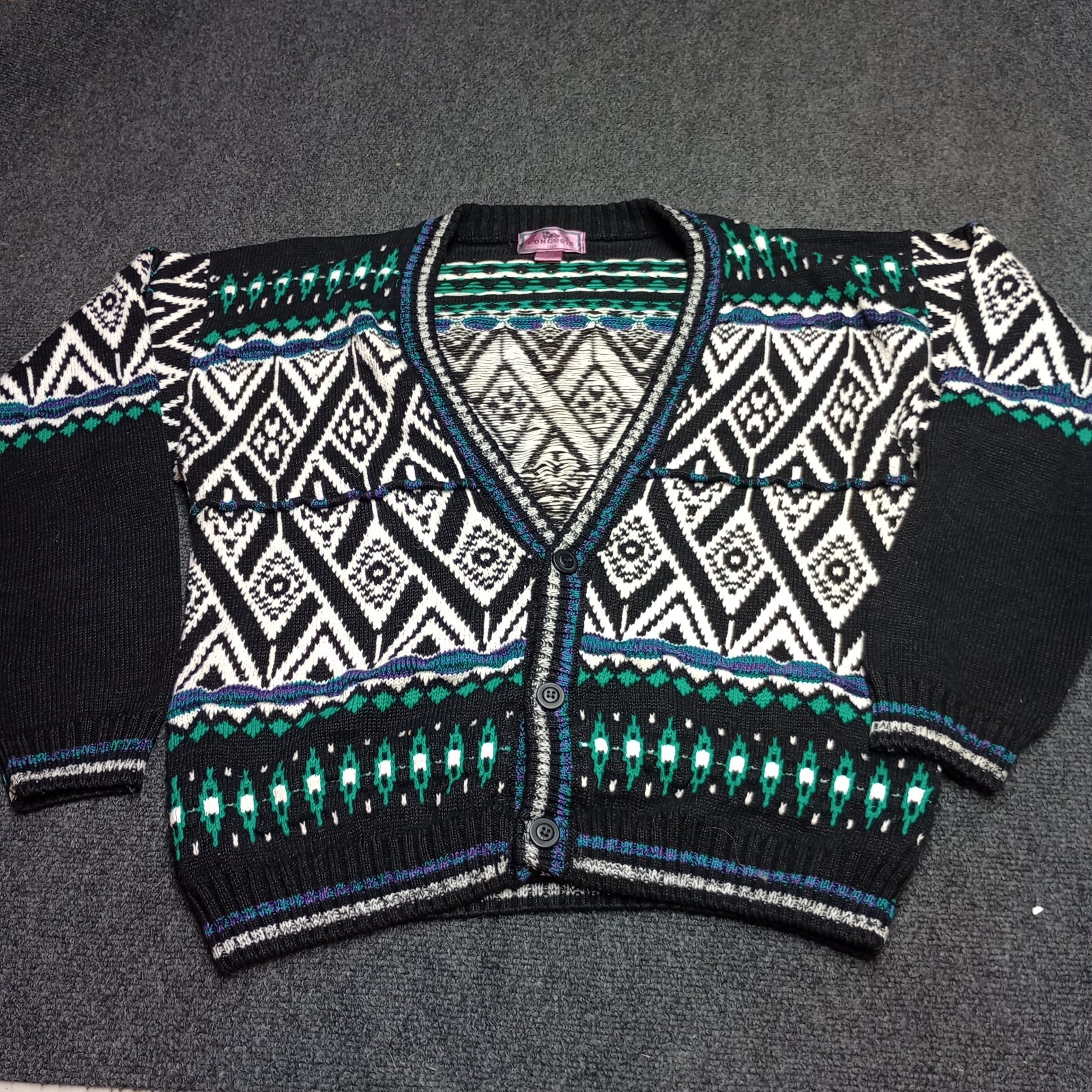 Vintage CONCRETE MIX Cardigan Sweater Adult Large Fair Isle Deep Plunge V Neck