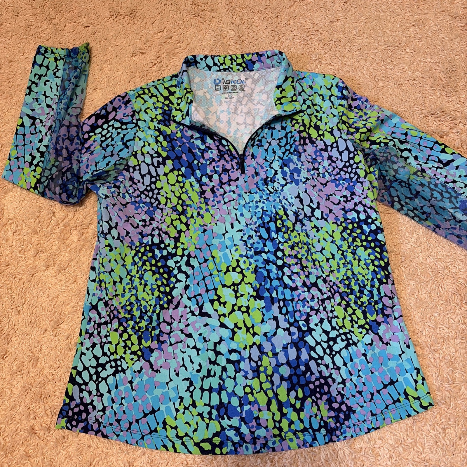 IBKUL Womens 1/4 Zip Pullover Long Mesh Vented Sleeves Blue Green Purple Print S