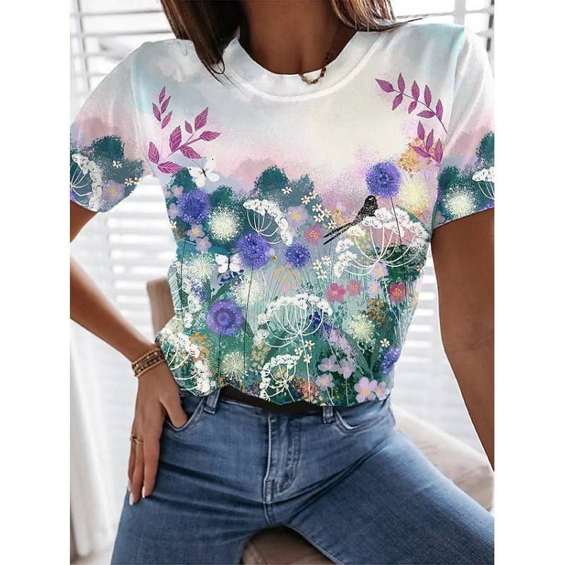 Womens T-shirt Summer Tee Short Sleeve Printing Tops Ladies Blouse Casual Basic