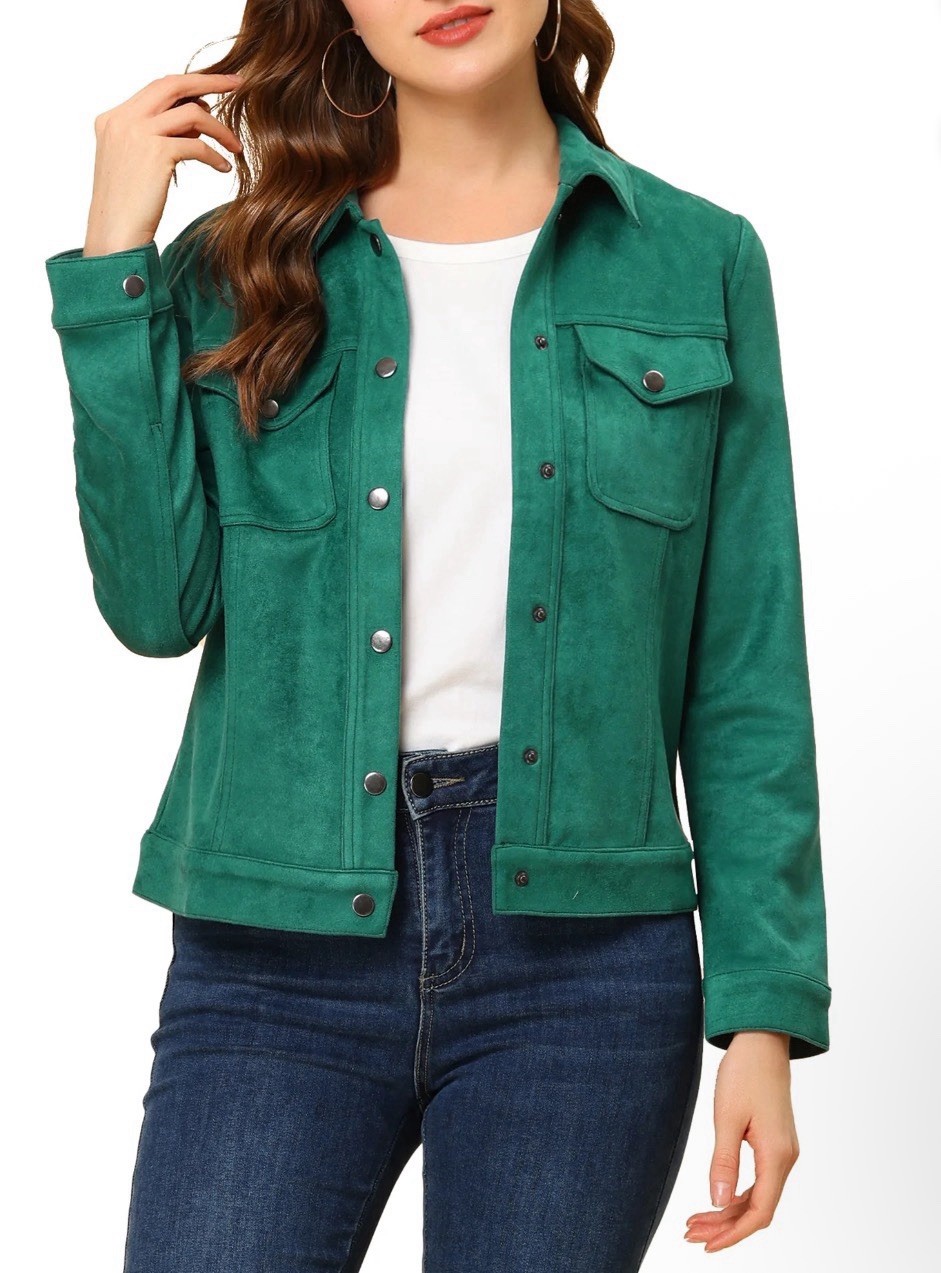 NEW Allegra K Womans Dk Green Faux Suede Turn Down Collar Snap Tucker Jacket (M)