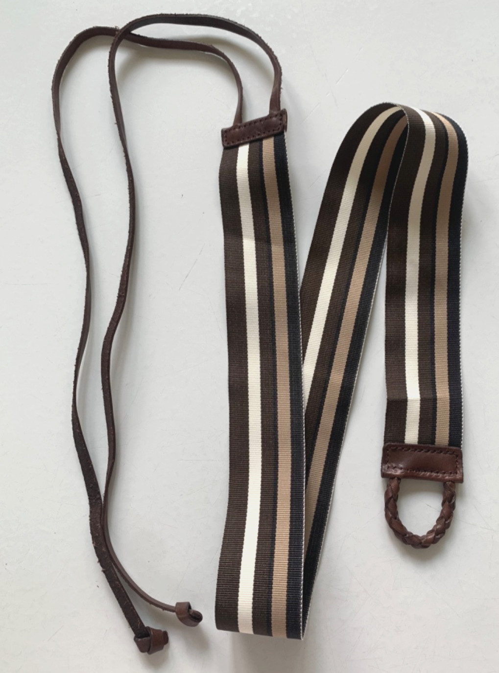 J CREW Womens Belt S GROSGRAIN RIBBON Striped LEATHER TIE Braided Tab Bown Tan