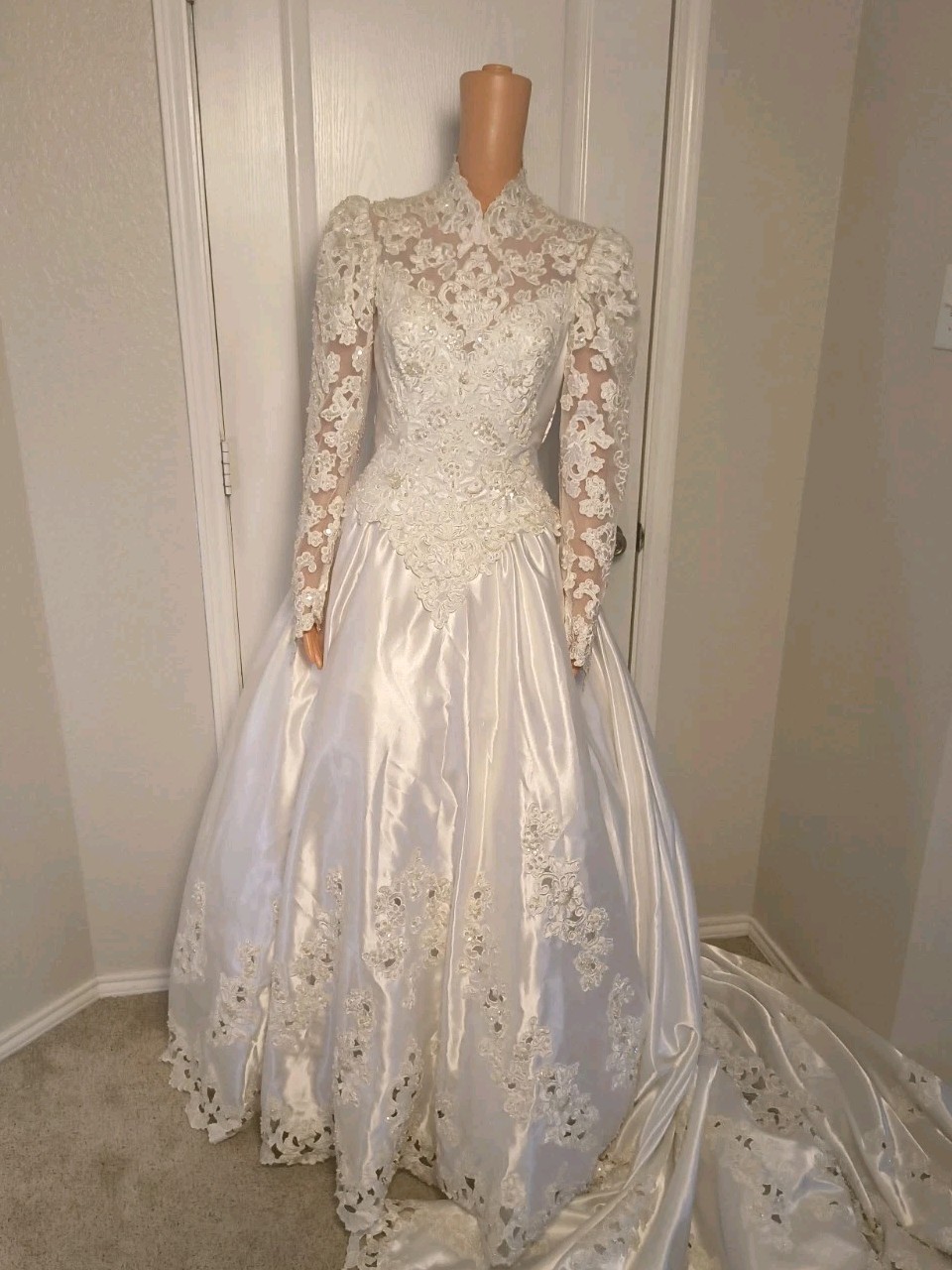 Vintage Victorian High Neck Wedding Dress Satin Lace 80s 90s Size 8 Mori Lee -43