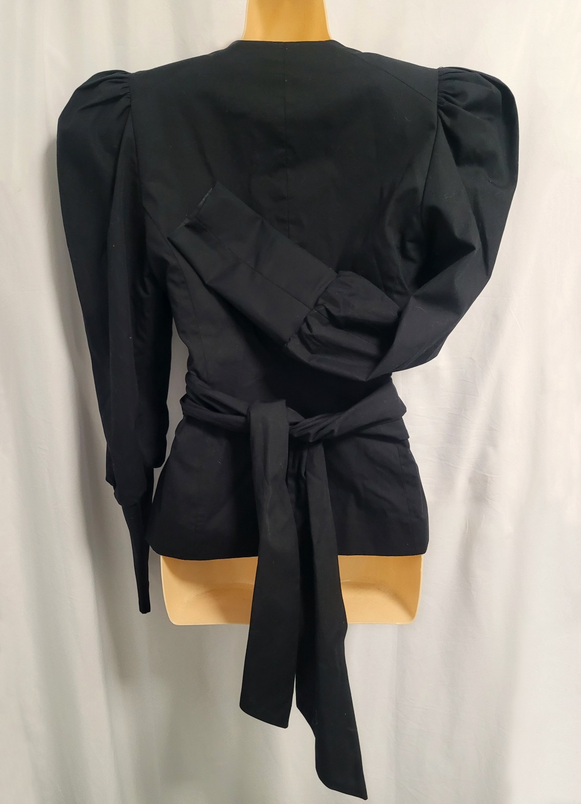 Zara Women Black Poplin Blouse Long Puff Sleeve Bow Waist Detail Size EUR XS New