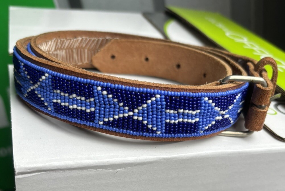 Handmade Intricate Beaded Leather Belt Blue White Southwestern Western 1” X 39”