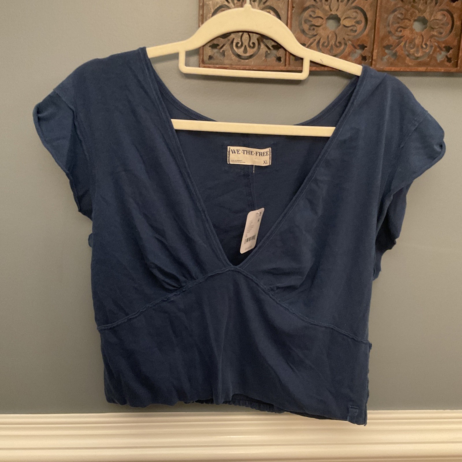 Free People We The Free Smocked Plunge Crop Tee Sailor Blue Size XL NWT 0135