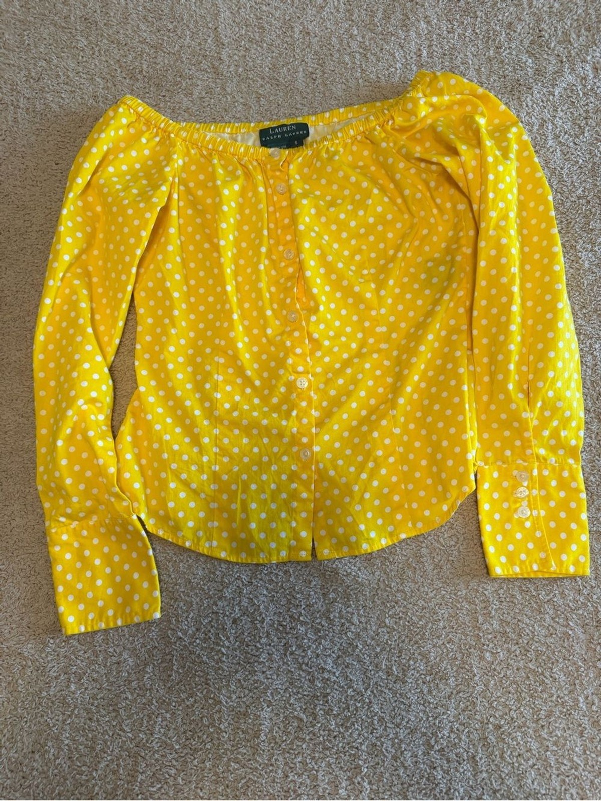 Lauren Ralph Lauren Yellow Polka Dot Off The Shoulder Blouse Cotton Top S