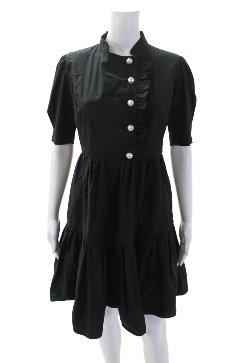 Batsheva Womens Faux Pearl Button Ruffled Trim Tiered Dress Black Size 0