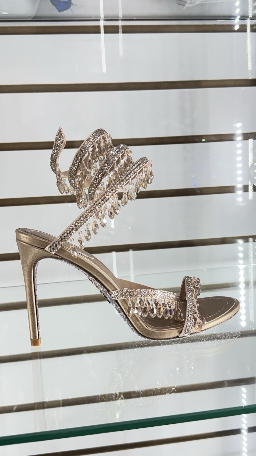 RENÉ CAOVILLA Gold Rhinestone Strappy Ankle Strap Open Toe Buckle Heel Women