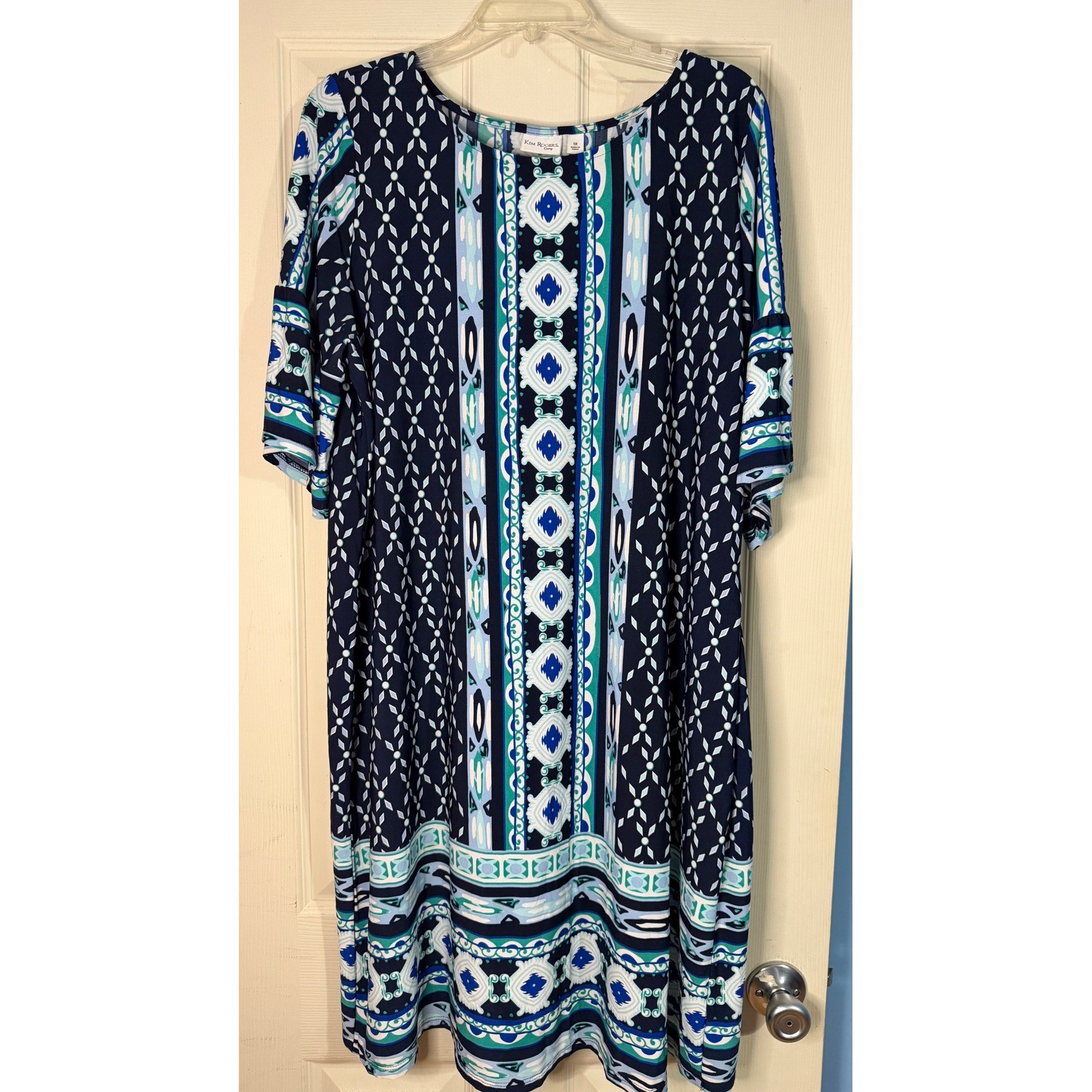 Kim Rogers Curvy Blue Medallion Shift Dress 1X Bell Sleeve Church Casual