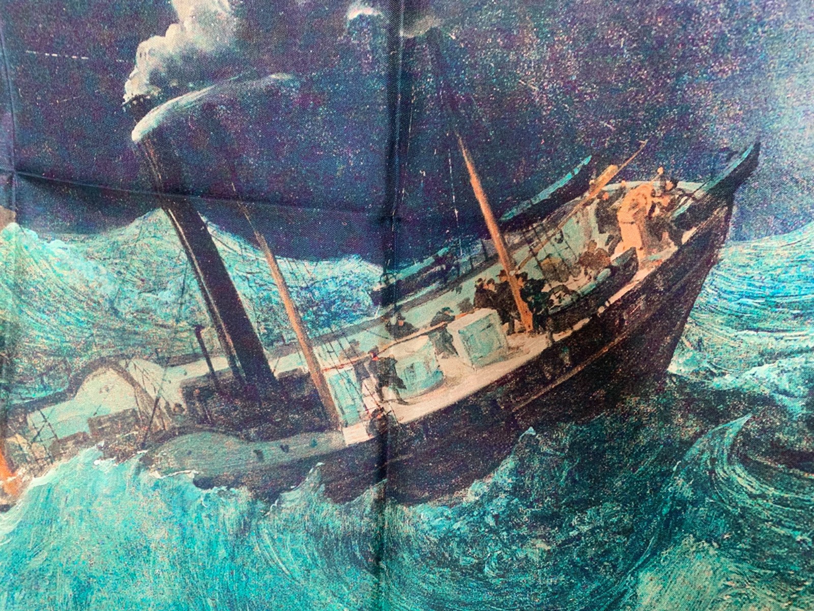 35″x35″Boat in Waves Print Pure Mulberry Twill Silk18momme Double-sided Scarf651