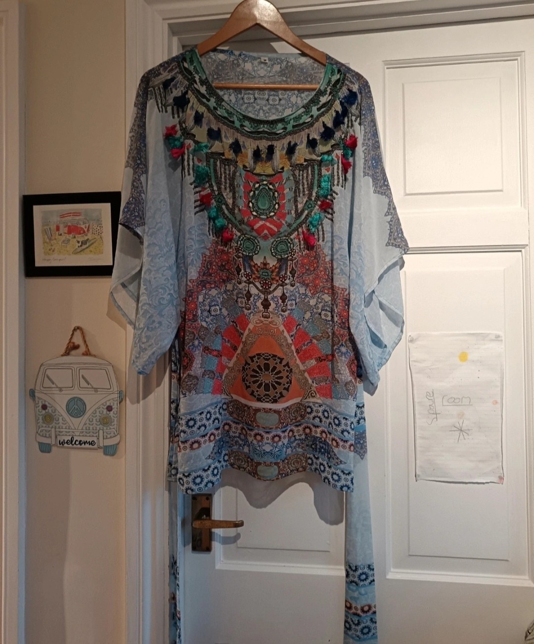 Blue embroidered tasseled short sleeve chiffon beach cover up medium