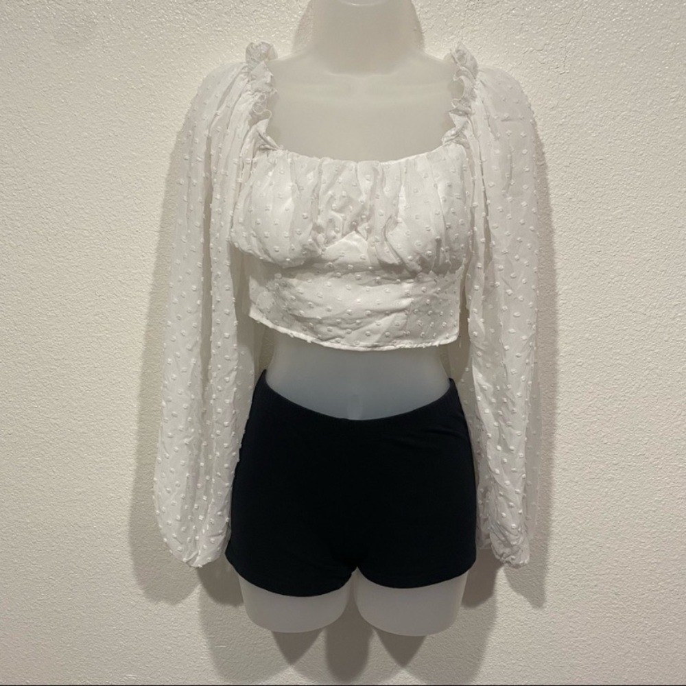 shein white polka dot cropped puff long sleeve blouse top shirt