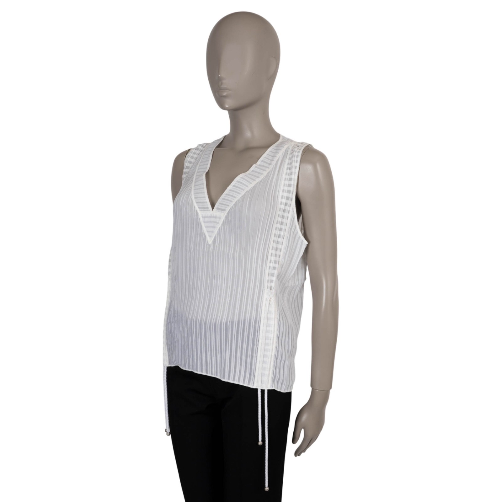 73766 auth CHANEL white silk 14P STRIPED SEMI SHEER Tank Top Shirt 42 L