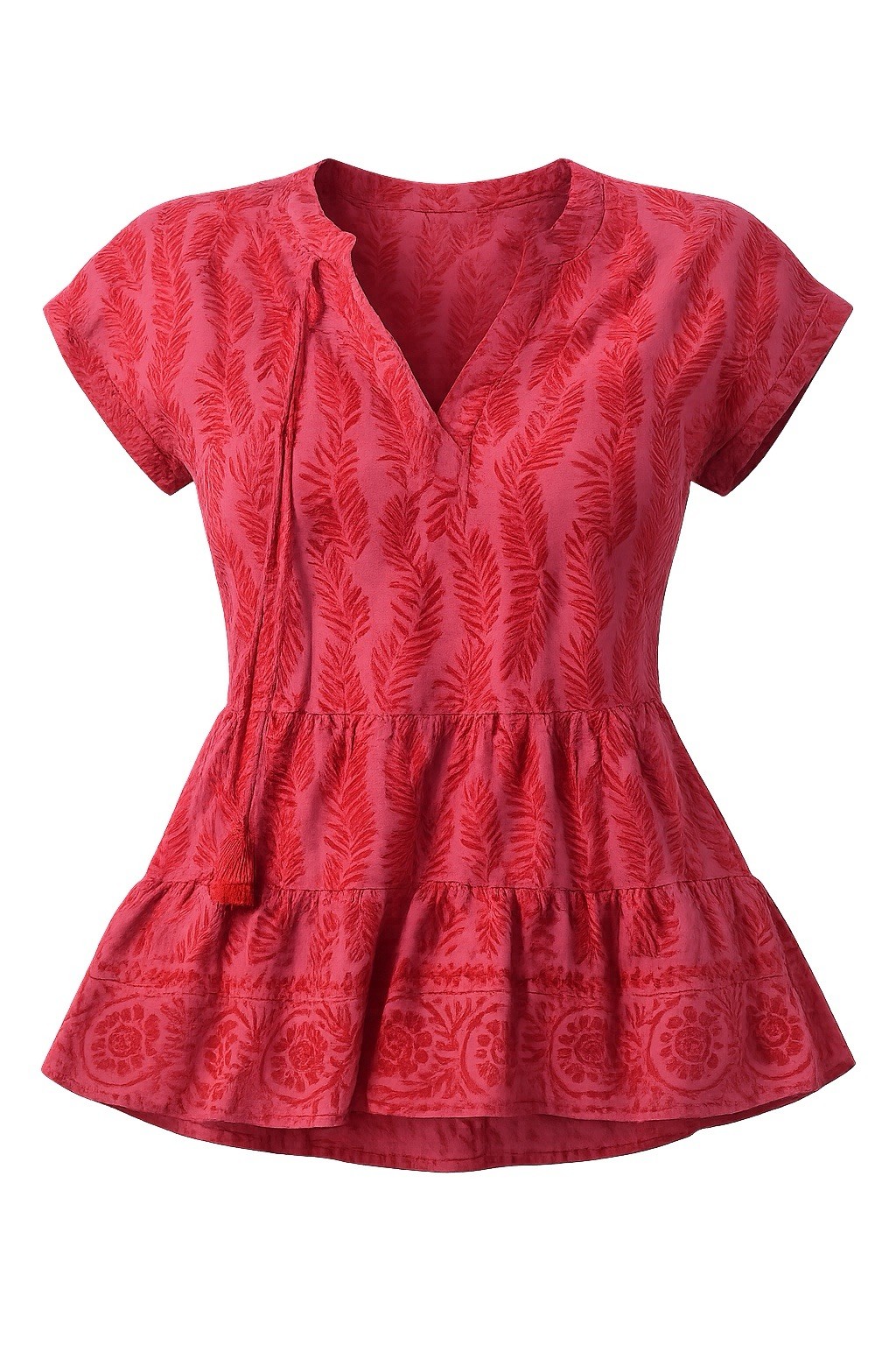 Vineyard Vines Raspberry Pink Rose Tiered Tassel Top Palm Leaf Print S Peplum