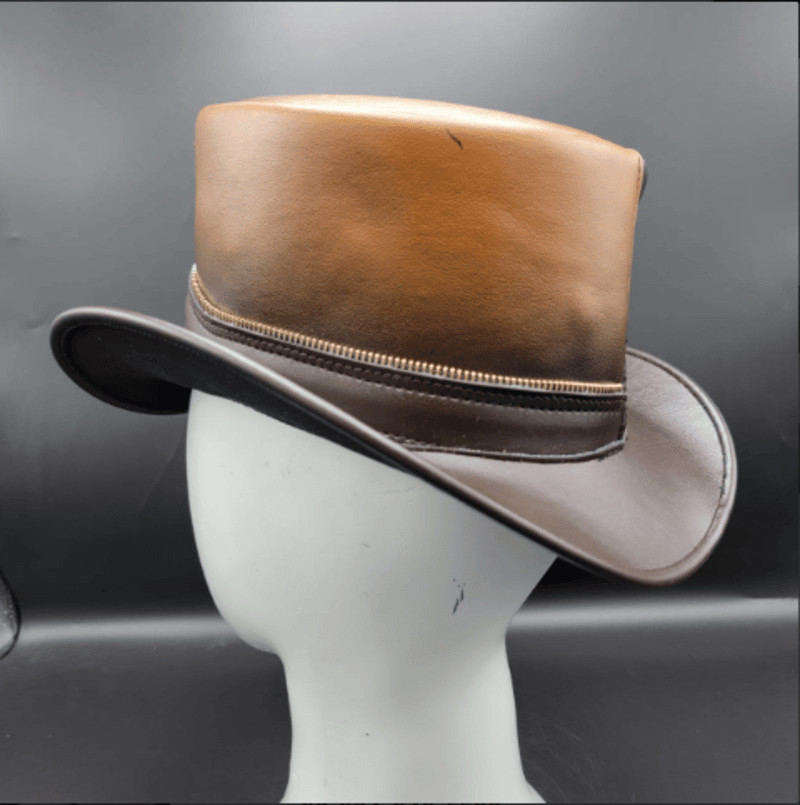 100% Genuine Leather Top Hat Brown Two-Tone Gold Zipper Steampunk Western Style