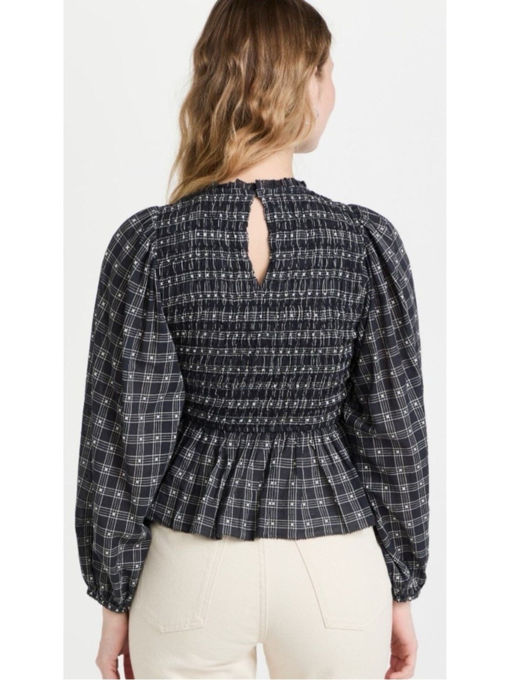 THE GREAT. Smocked Plaid Long-Sleeve Peplum Top
