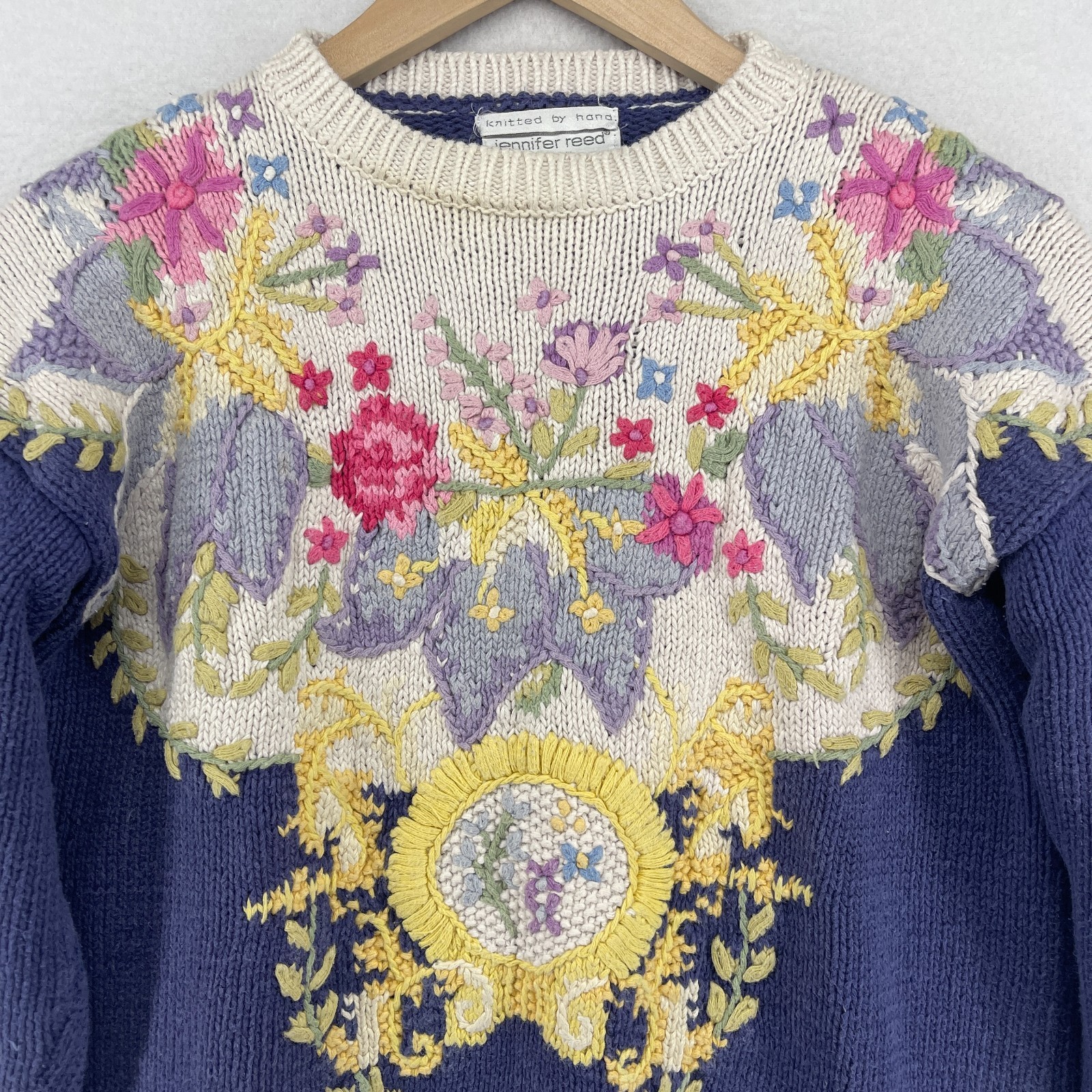 JENNIFER REED Sweater S Cottagecore Floral 80s Handknit Ramie Cotton Blue HK VTG
