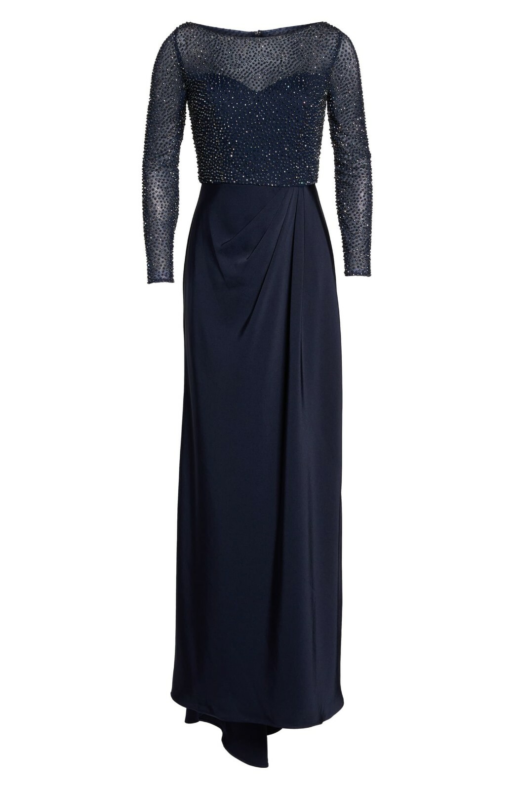 LA FEMME Navy Beaded Embellished Sheer Mesh Bodice Pleated Maxi Gown Dress 8 = M