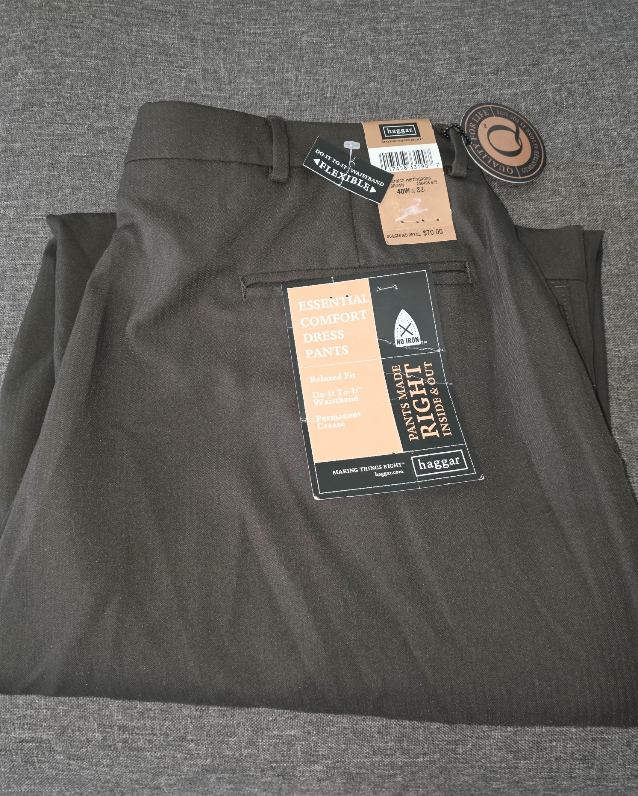 Haggar Essential Comfort Dress Pants Expandable Waist Relaxed Fit Brown 40W