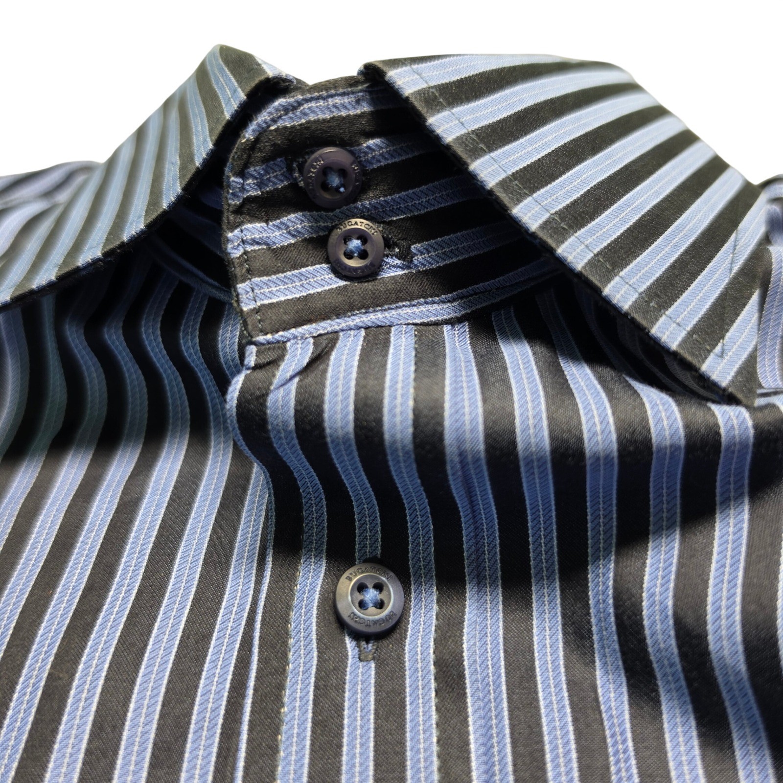 Button Down Shirt Bugatchi L Mens Blue Black Excellent Striped Long Sleeve