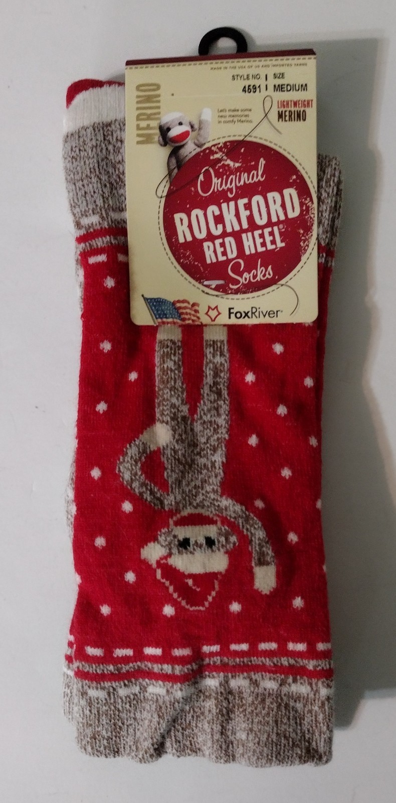 New Size M Fox River Rockford Red Heel Merino Wool Monkey Pattern Socks USA