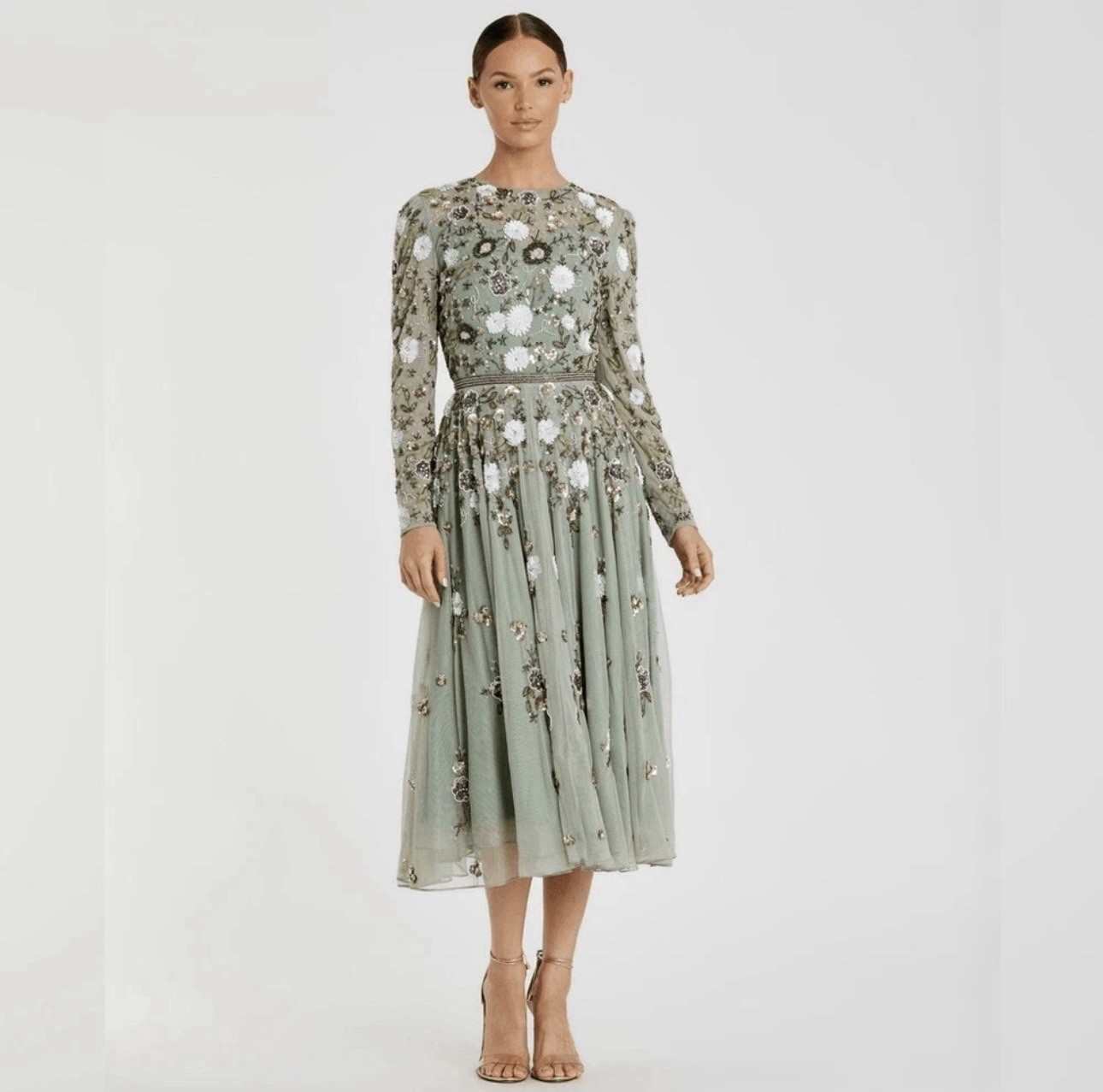 Mac Duggal 5716 Green Floral Sequin Midi Dress Long Sleeve, Size 8