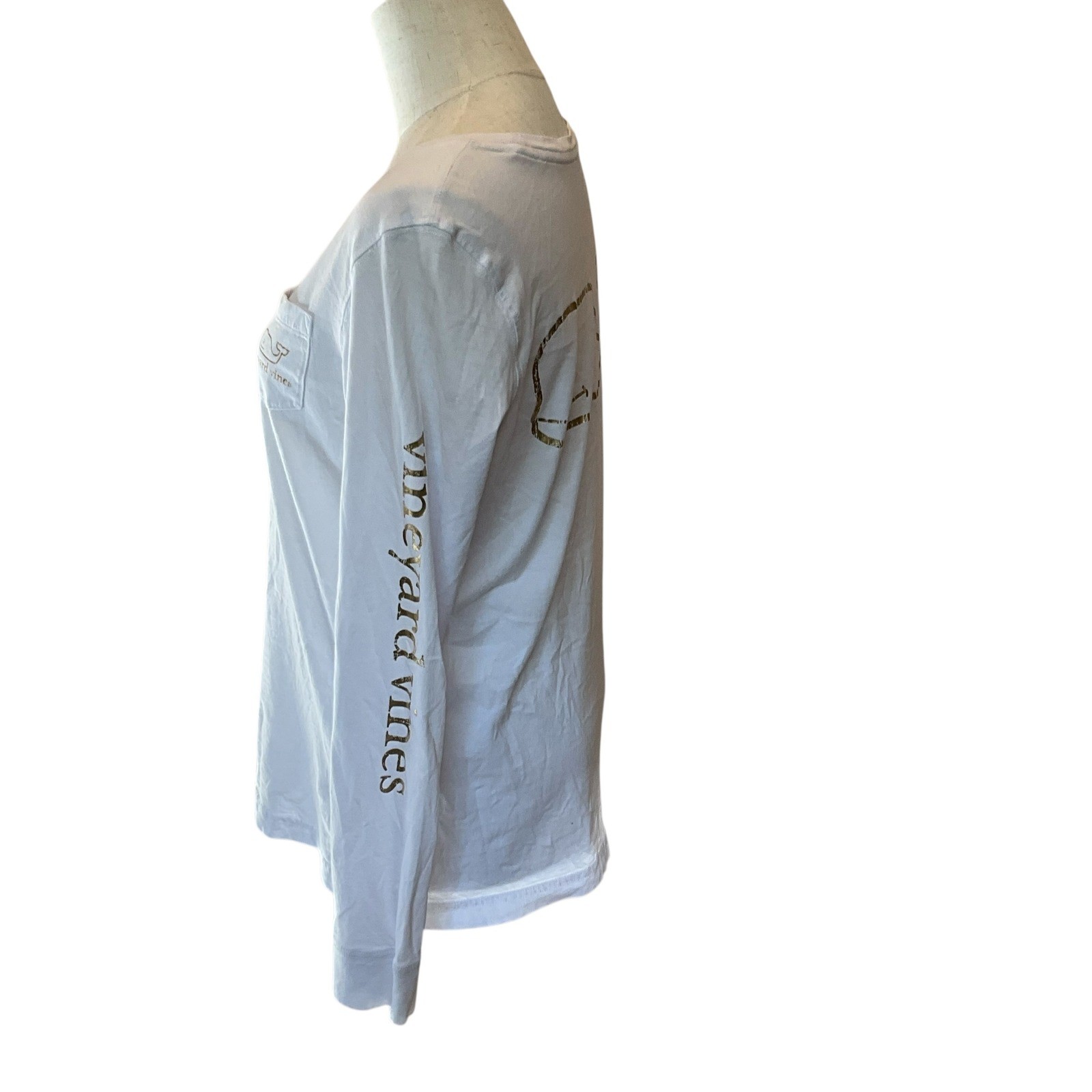 Vineyard Vines Women’s Long Sleeve T-Shirt Top White Gold Whale Logo Pocket S