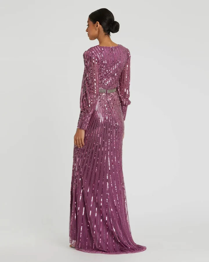 Mac Duggal Raspberry Purple Sequin Beaded Long Sleeve Sheath Gown Size 14 $598