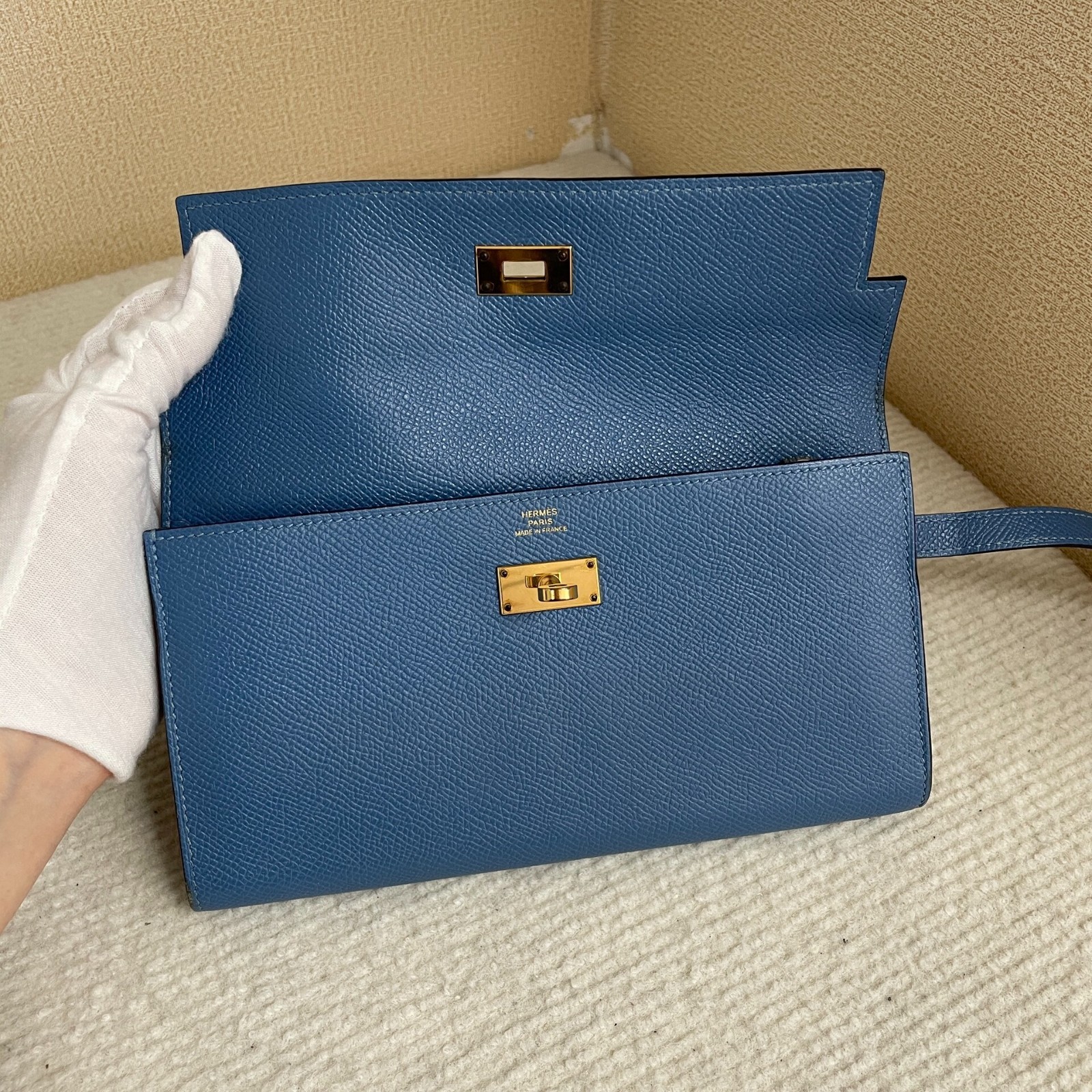 Hermes Kelly Long Blue Epsom Silver Clutch Wallet