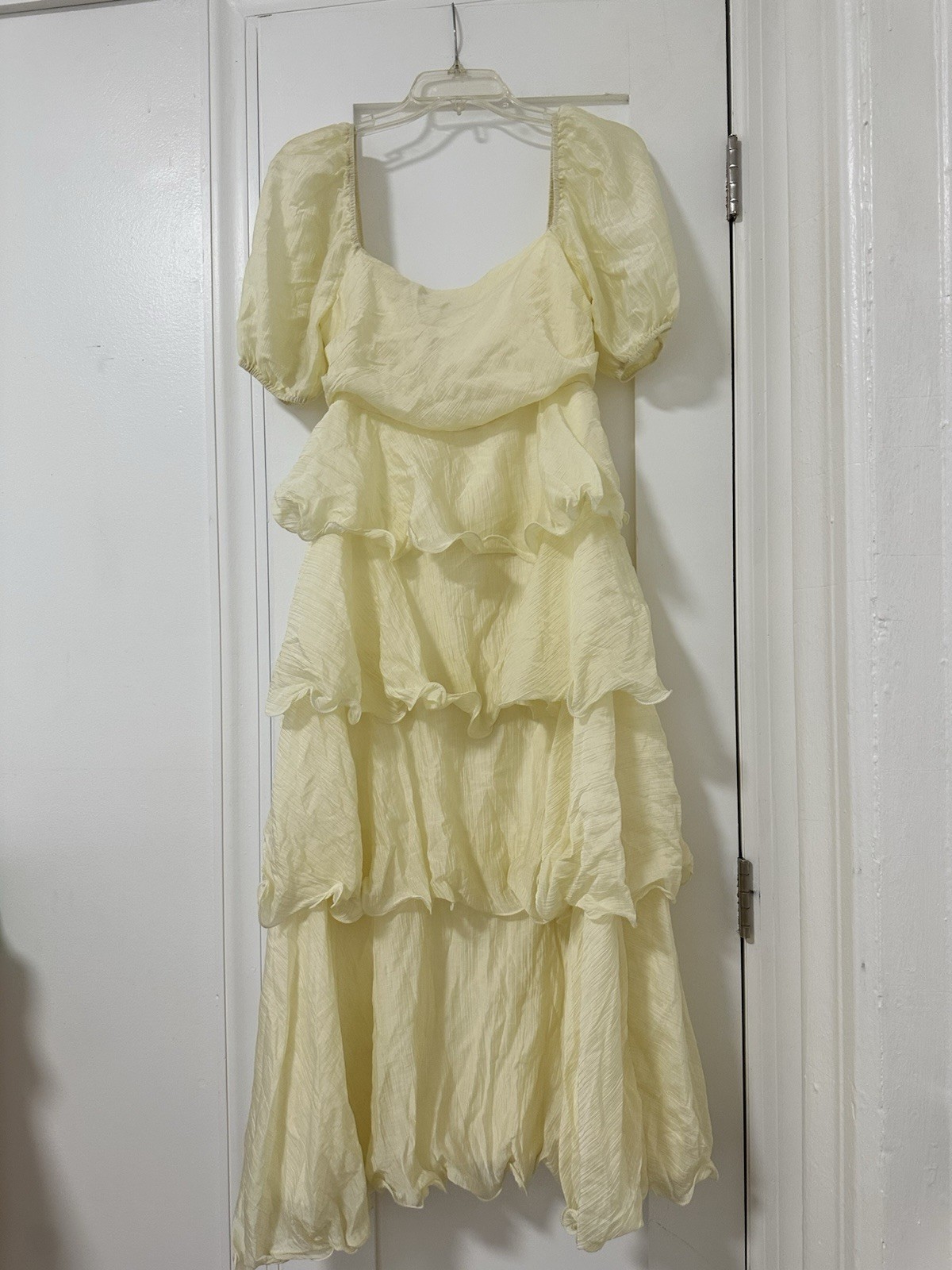 Women’s Yellow Solid Square Neck Puff Short Sleeve Ruffle Midi Dress Zip S