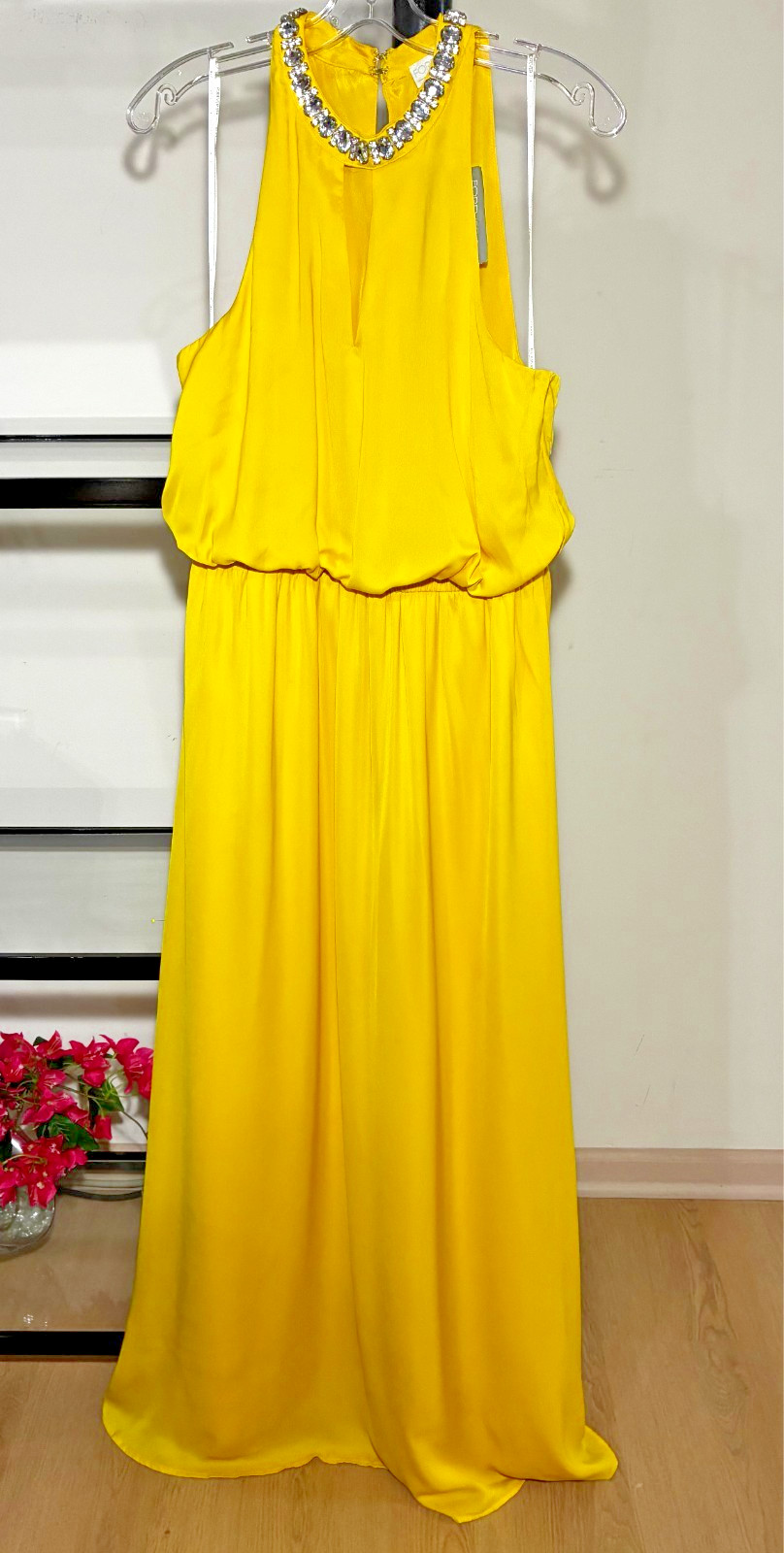 NWT-Forever 21 High Crystal Neck Keyhole Dress-Yellow – Size XL