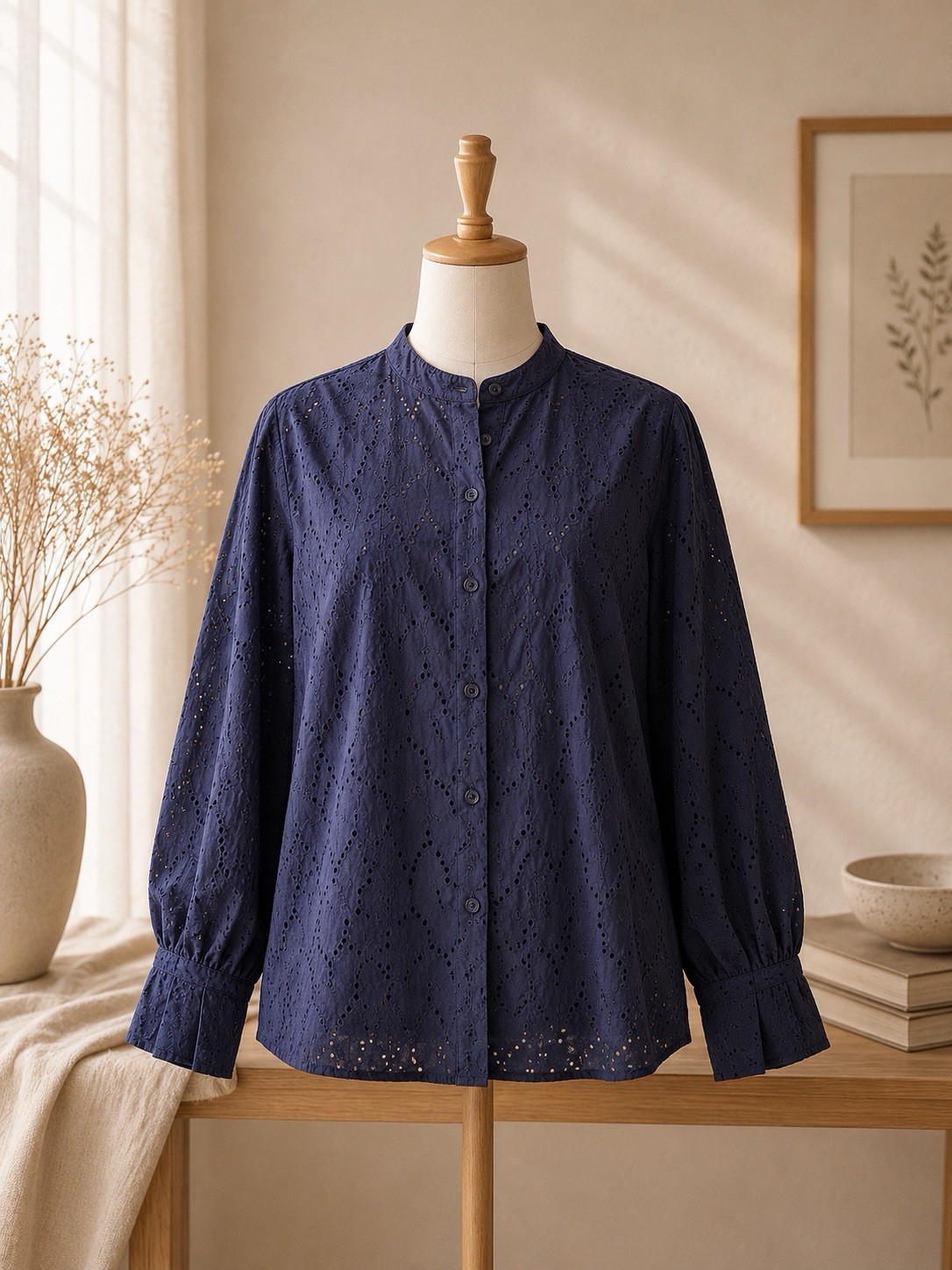 Ralph Lauren Womens 18W Navy Eyelet Bell Sleeve Cotton Boho Top Plus Cottagecore