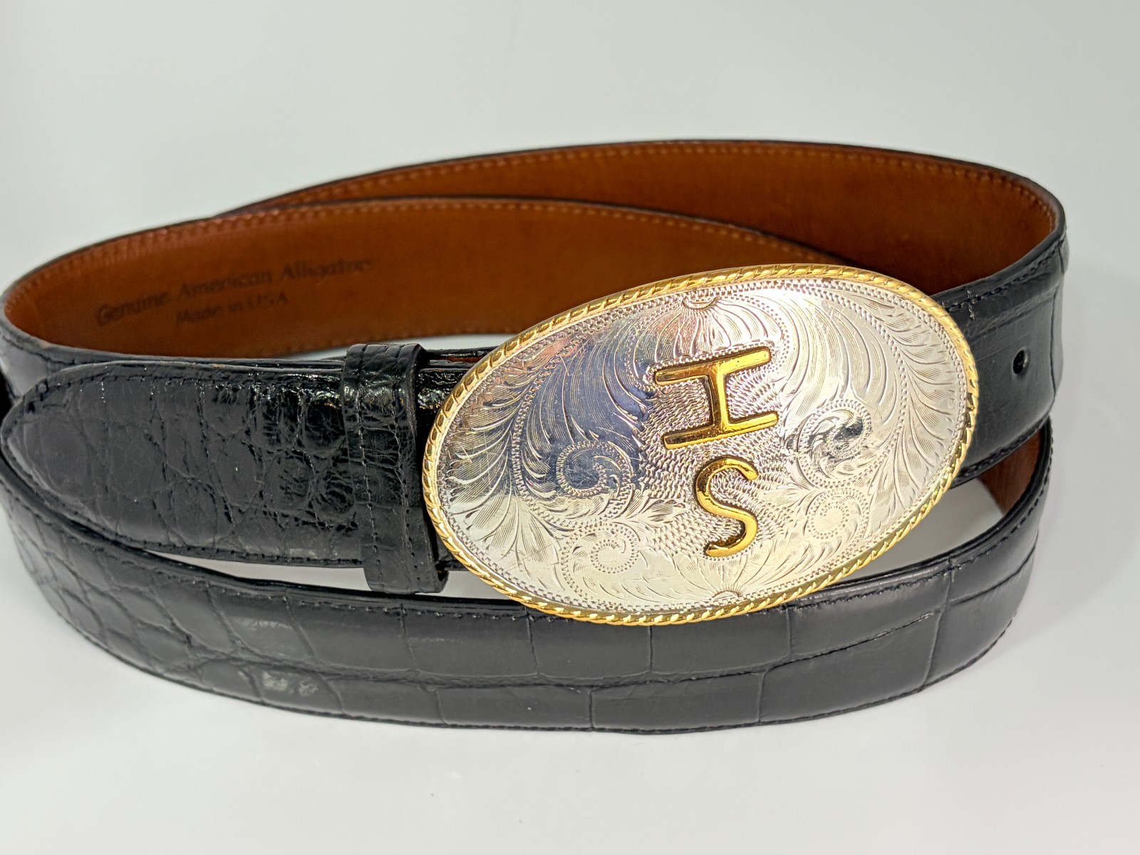 Comstock Silversmiths Sterling Silver 925 Engraved Belt Buckle Real Alligator 42