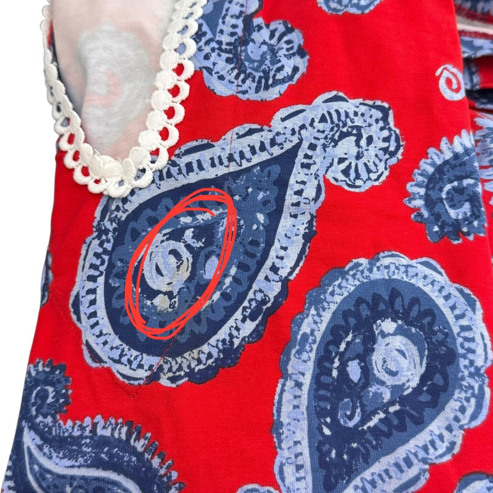 Ana Clare Paisley Shift Short Dress Size L Red Lace Trim Coastal Resort wear