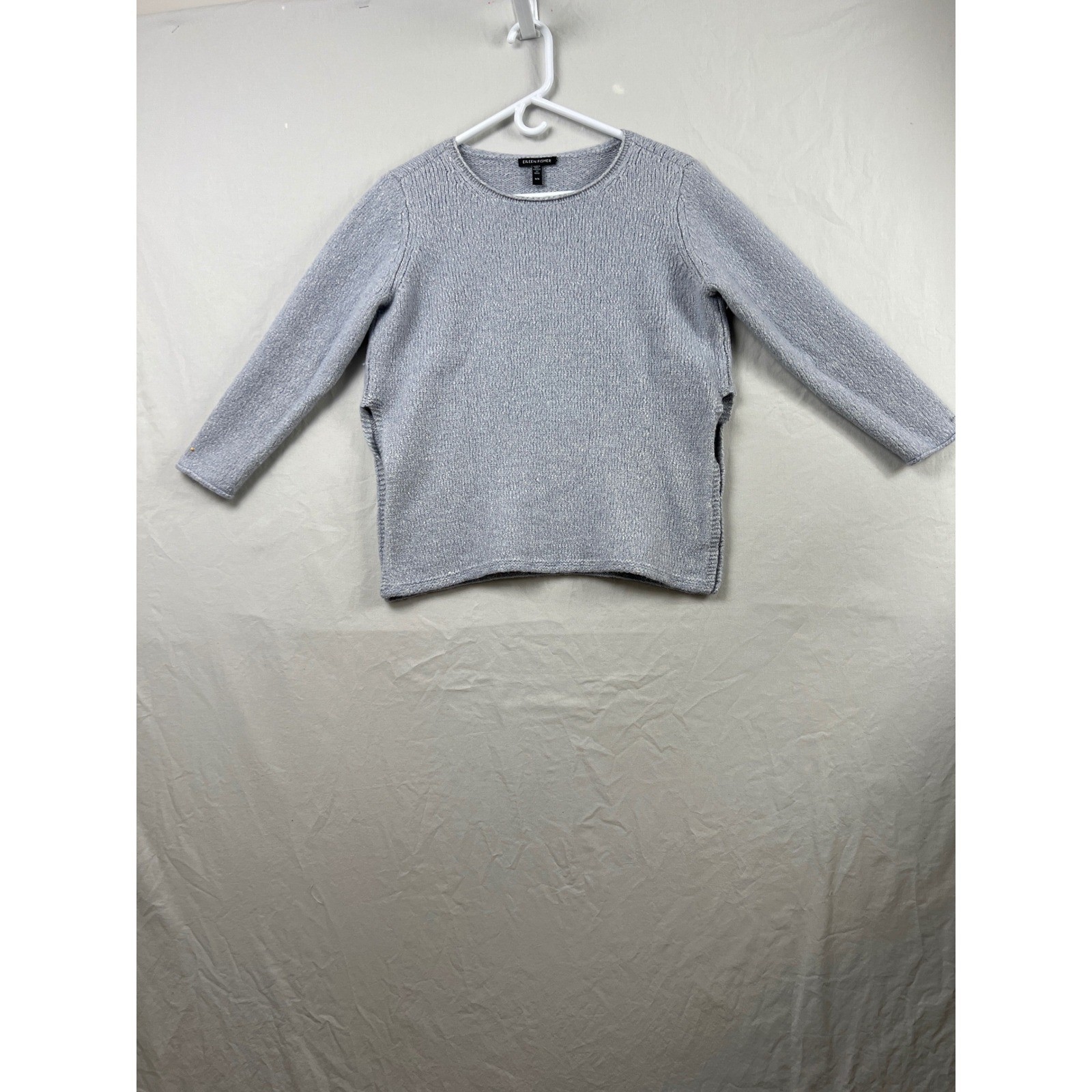 Eileen Fisher Sweater Women Medium Blue Alpaca Organic Cotton Boxy Crewneck Slit
