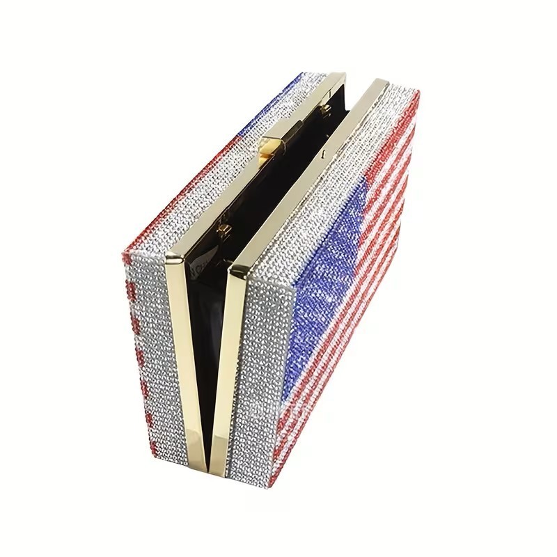 American Flag Rhinestone Evening Clutch Purse Crossbody Patriotic USA Handbag