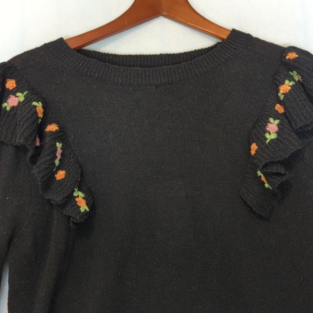 Something Navy Linen blend Louise Embroidered Ruffle Sweater S