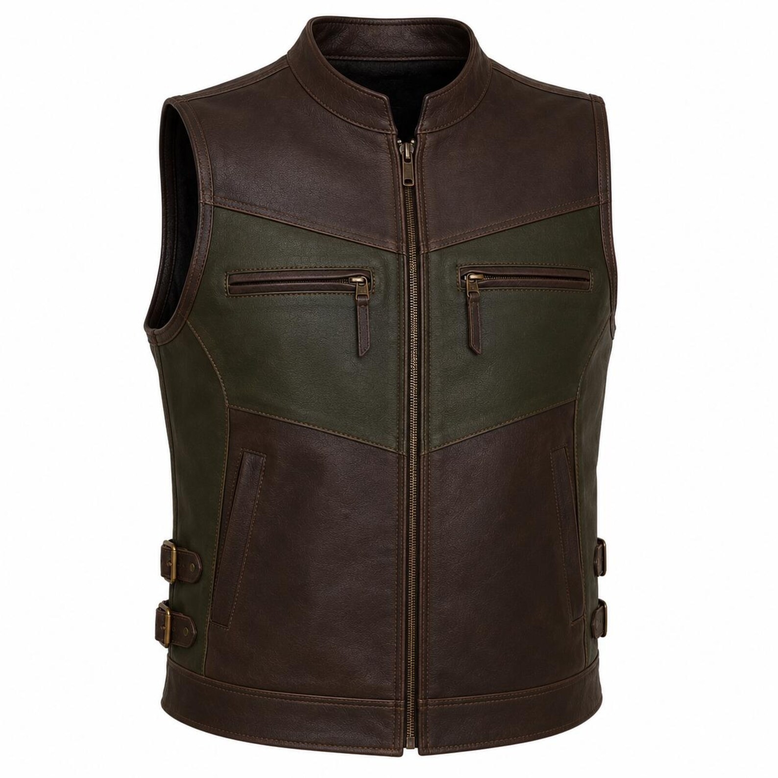 Men’s Dark Brown & Olive Green Leather Biker Vest – Premium Motorcycle Riding
