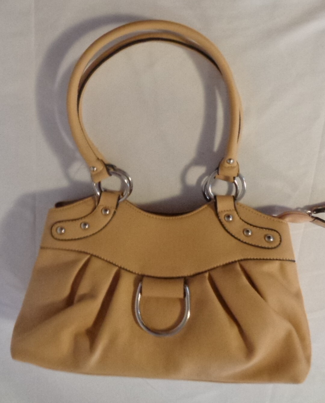 TAN MUSTARD YELLOW HANDBAG PURSE UNBRANDED TOTE MULTI POCKET DOUBLE HANDLE ZIPS