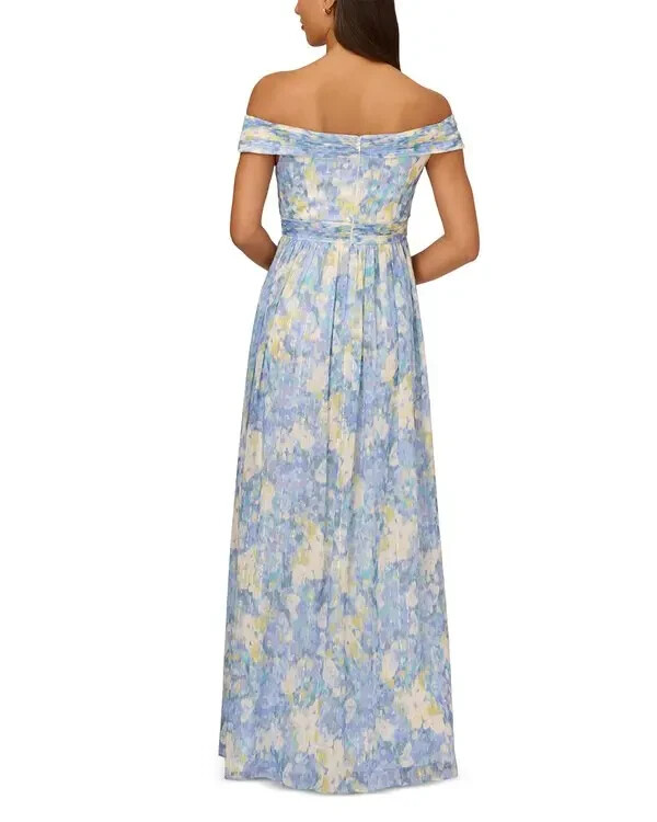 Adrianna Papell Blue Chiffon Floral Print Off-the-Shoulder Dress Size 8 $279