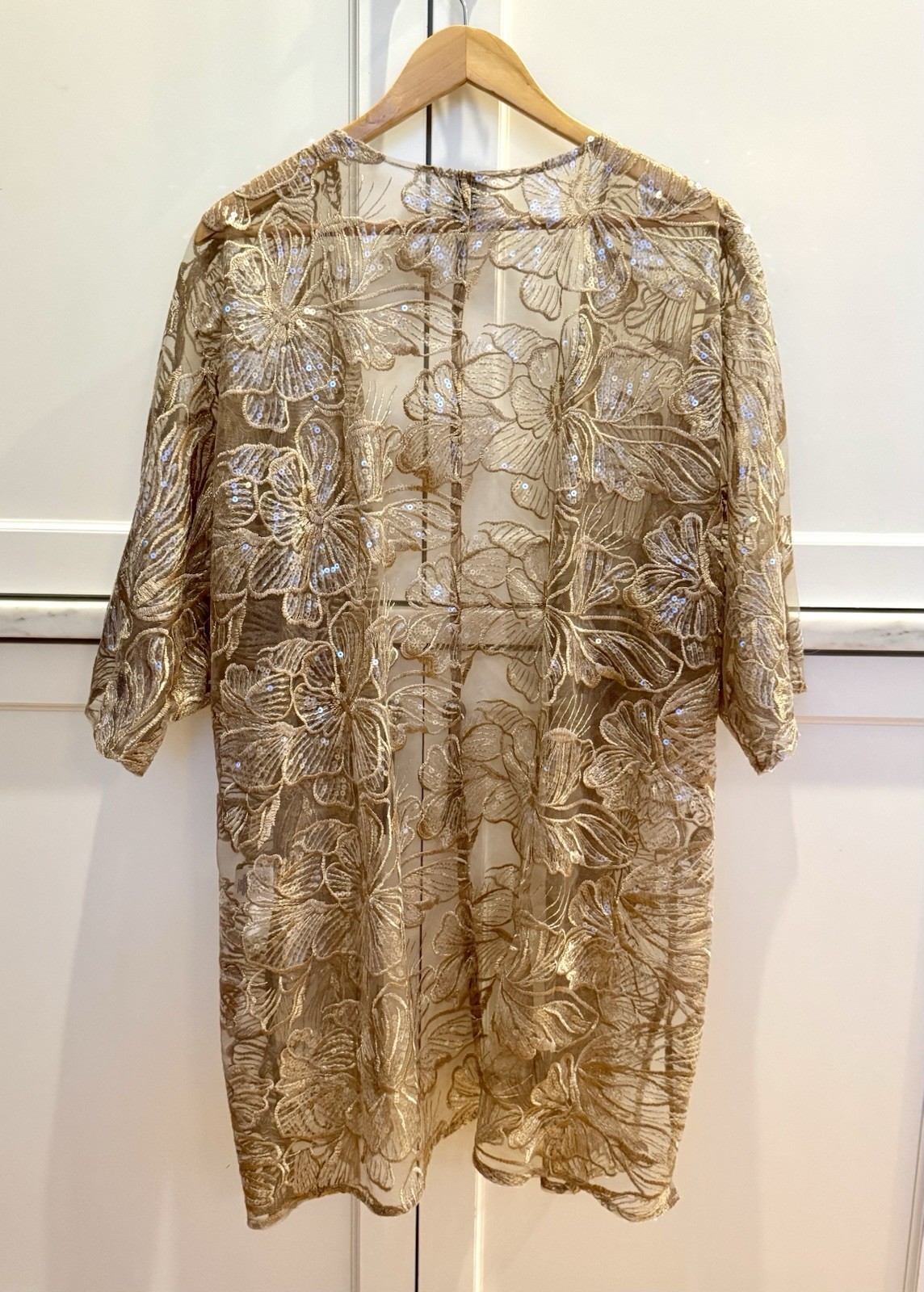 Anne Klein Sheer Embroidered Sequin Open Front Kimono Jacket Gold Floral OS