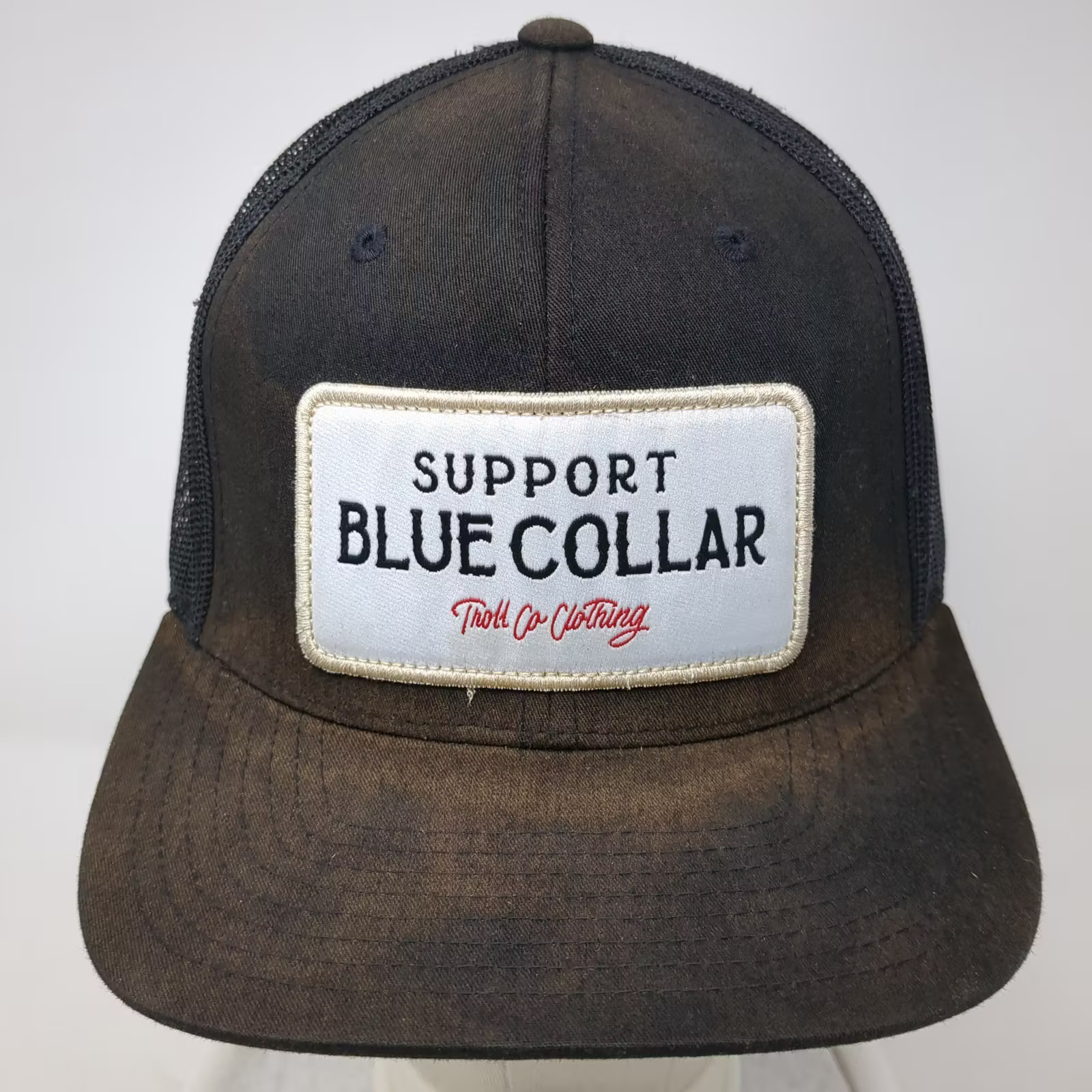 Troll Co Trucker Hat Black White Snapback OS Support Blue Collar Mesh Patch